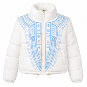 White puffer jacket with blue embroidery