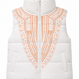 White puffer vest with orange tribal embroidery