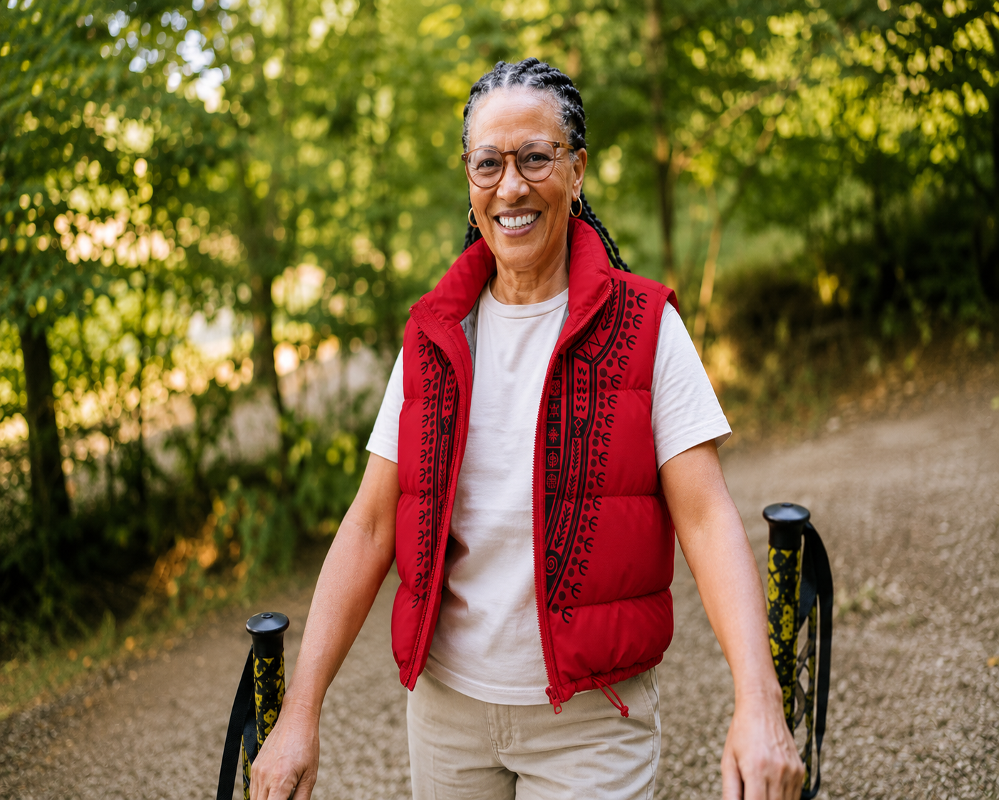 Smiling woman in red vest hiking with poles