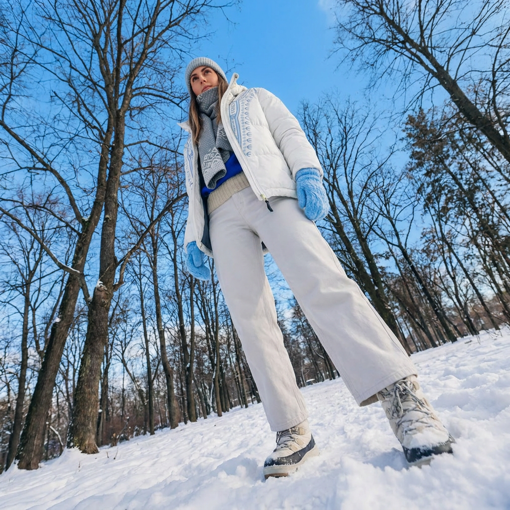 Woman standing in snowy forest wearing winter clothes